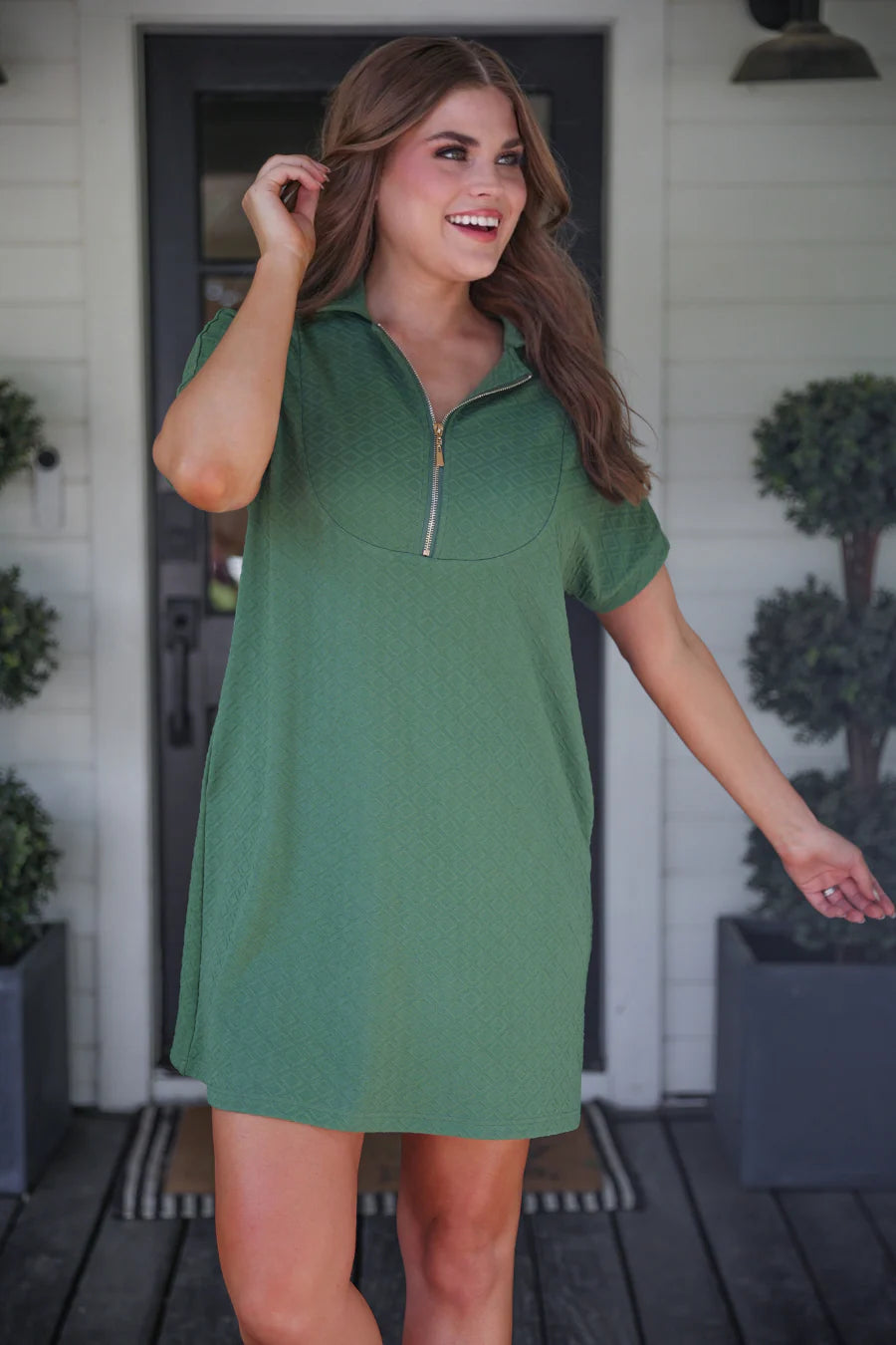 Ezra Textured Zipper Dress- Olive