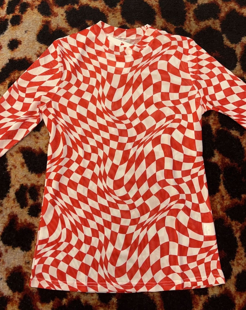Red Wavy Check Mesh Top