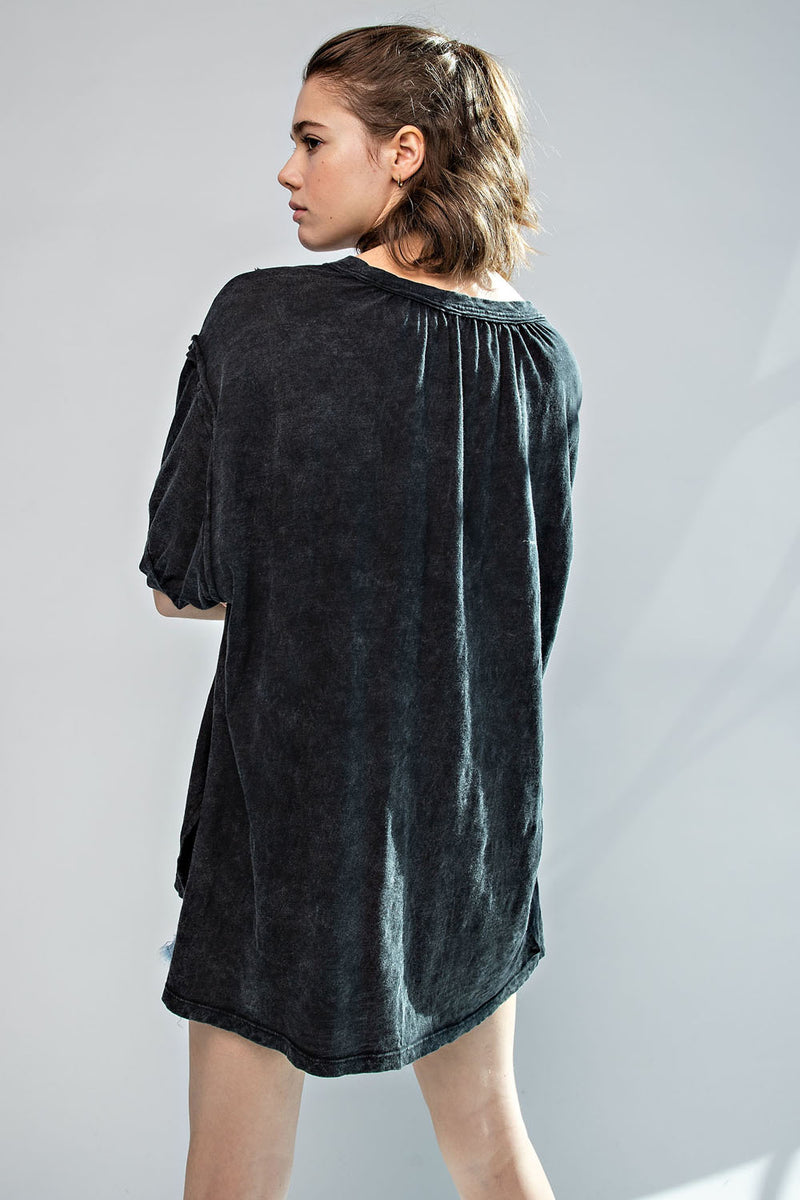 MINERAL WASHED PUFF SLEEVE TOP