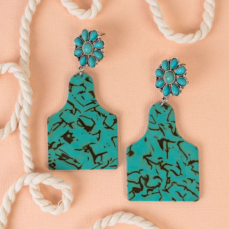 Turquoise Marble Cow Tag Earrings