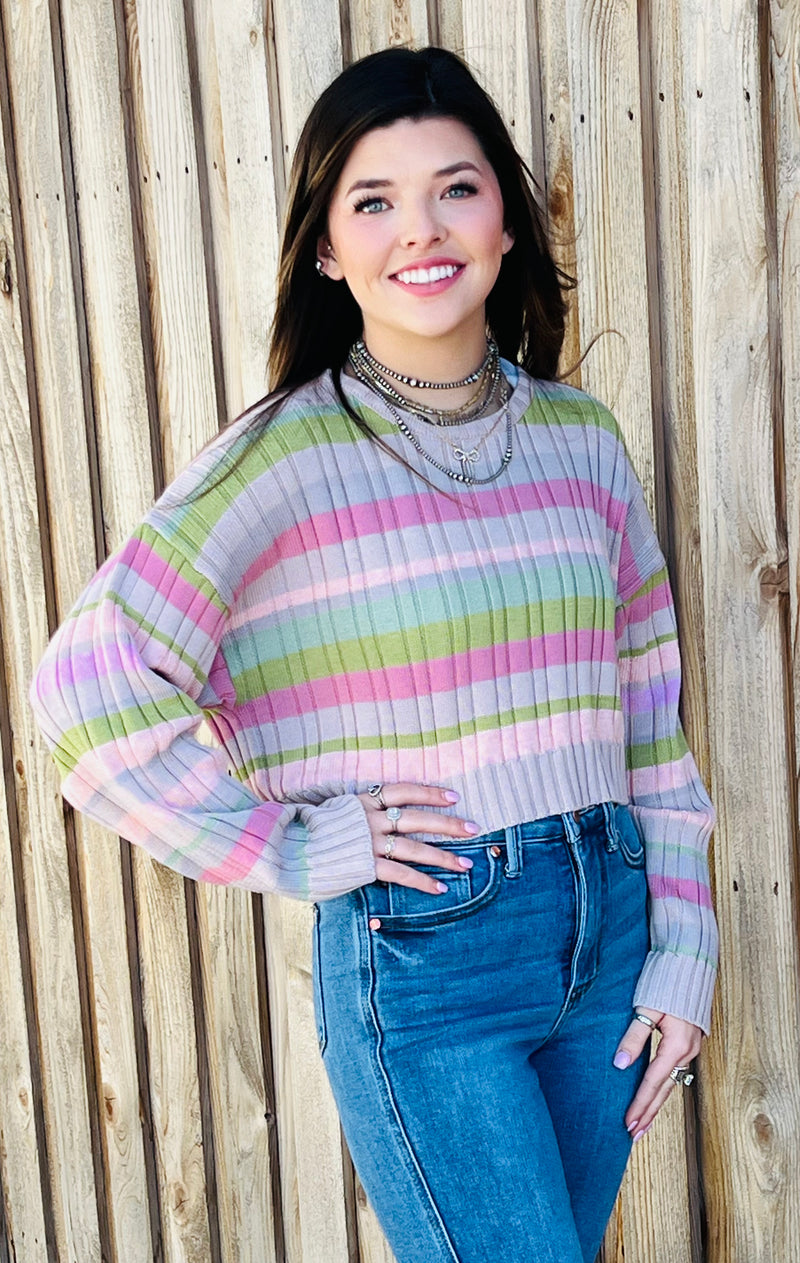 Ribbed Striped Crop Sweater