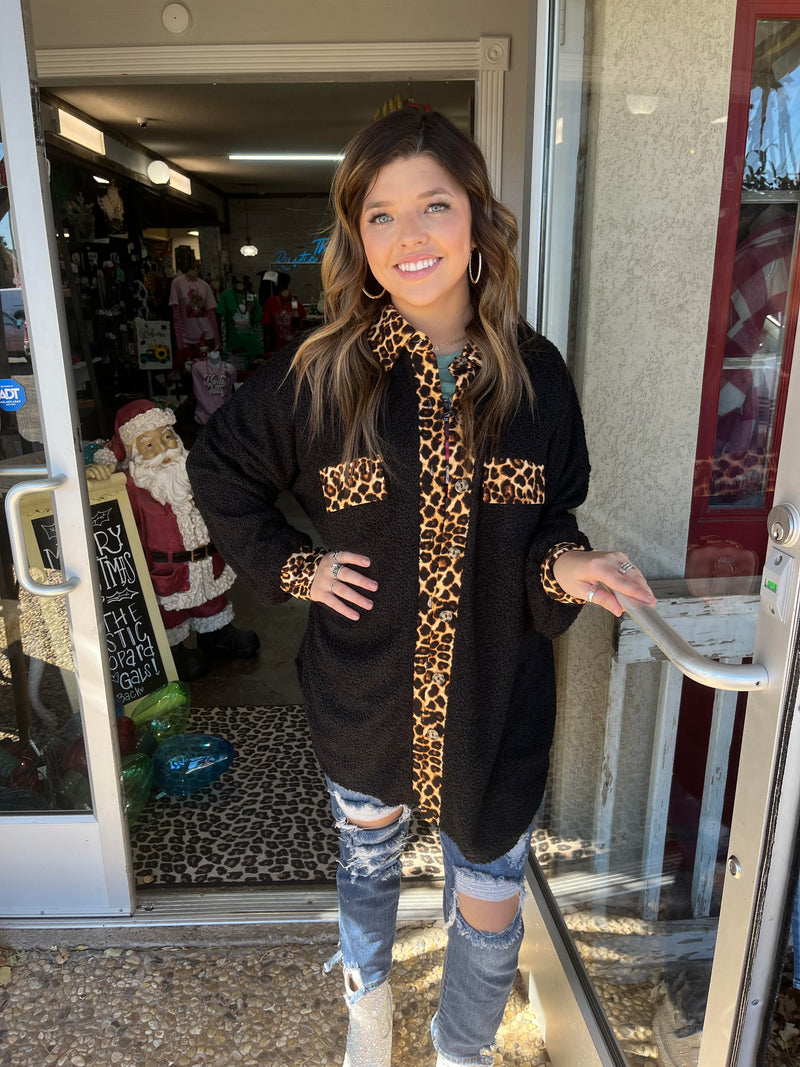 Black Textured Shacket with Leopard