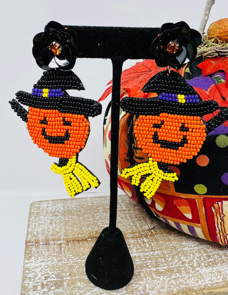 Halloween Earrings-Seed Bead Pumpkin Witch