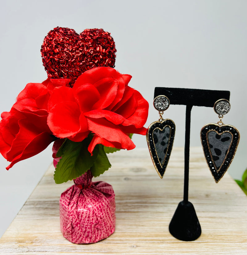 Black Leopard Valentine Heart Earrings