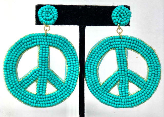 Seed Bead Earrings-Turquoise Peace Sign